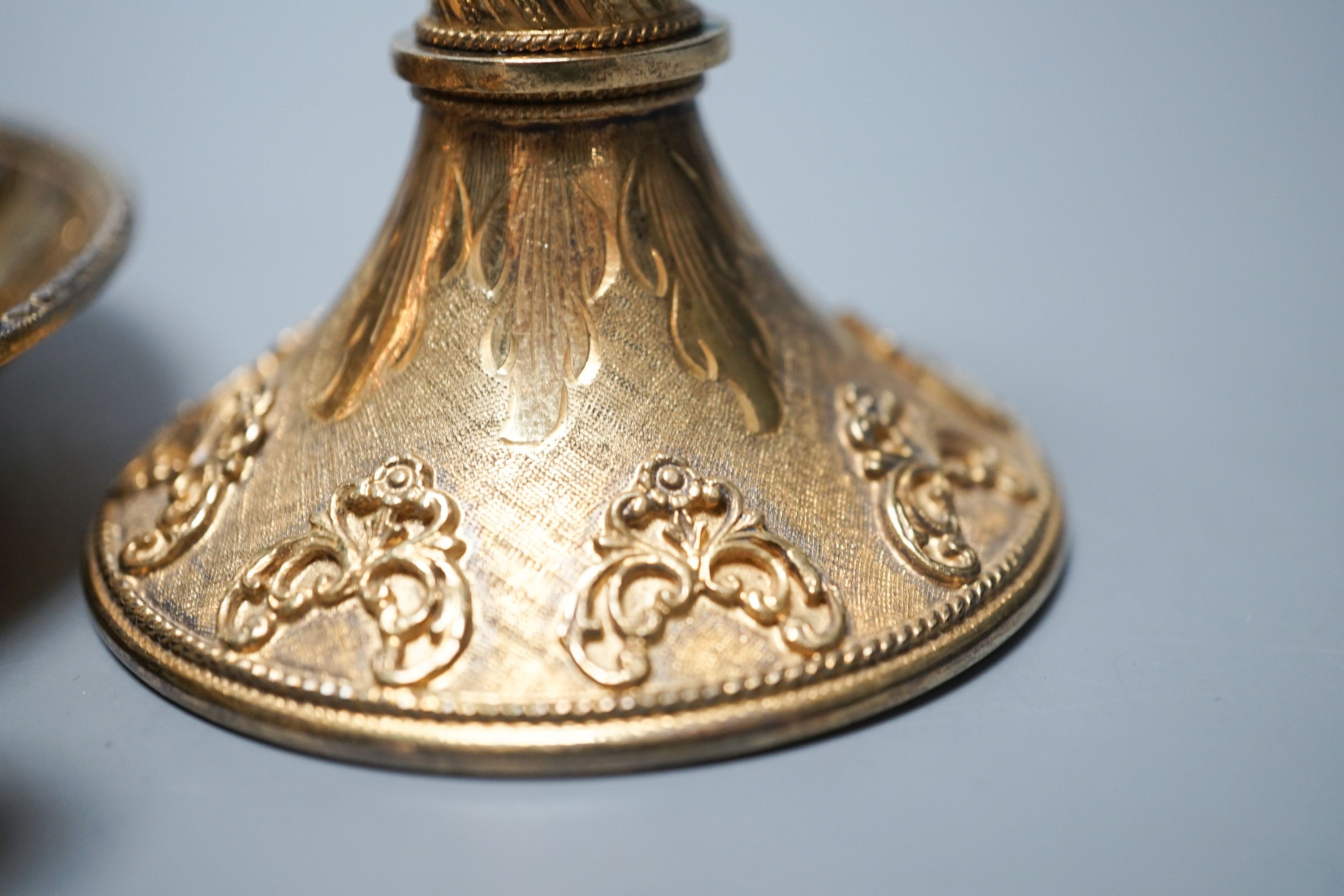 An ornate 20th century continental gilt white metal censer, stamped 925 (part of central stem missing).